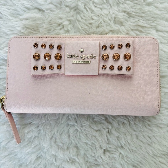 Kate Spade Pink Leather w/ Bow w/ Rhinestone zip around Long Wallet - Picture 13 of 16